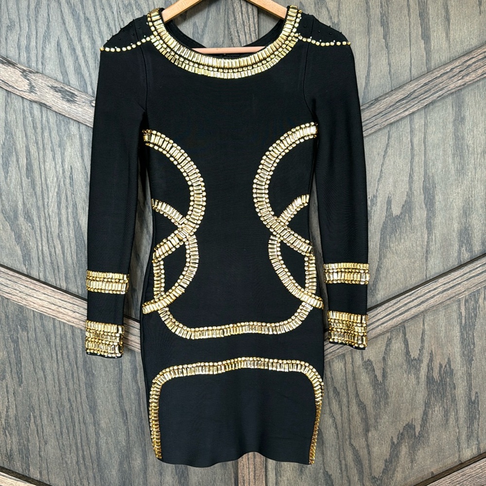 Custom Made Dress 🖤 with Gold Beading and a Fitted Stretch Black Fabric